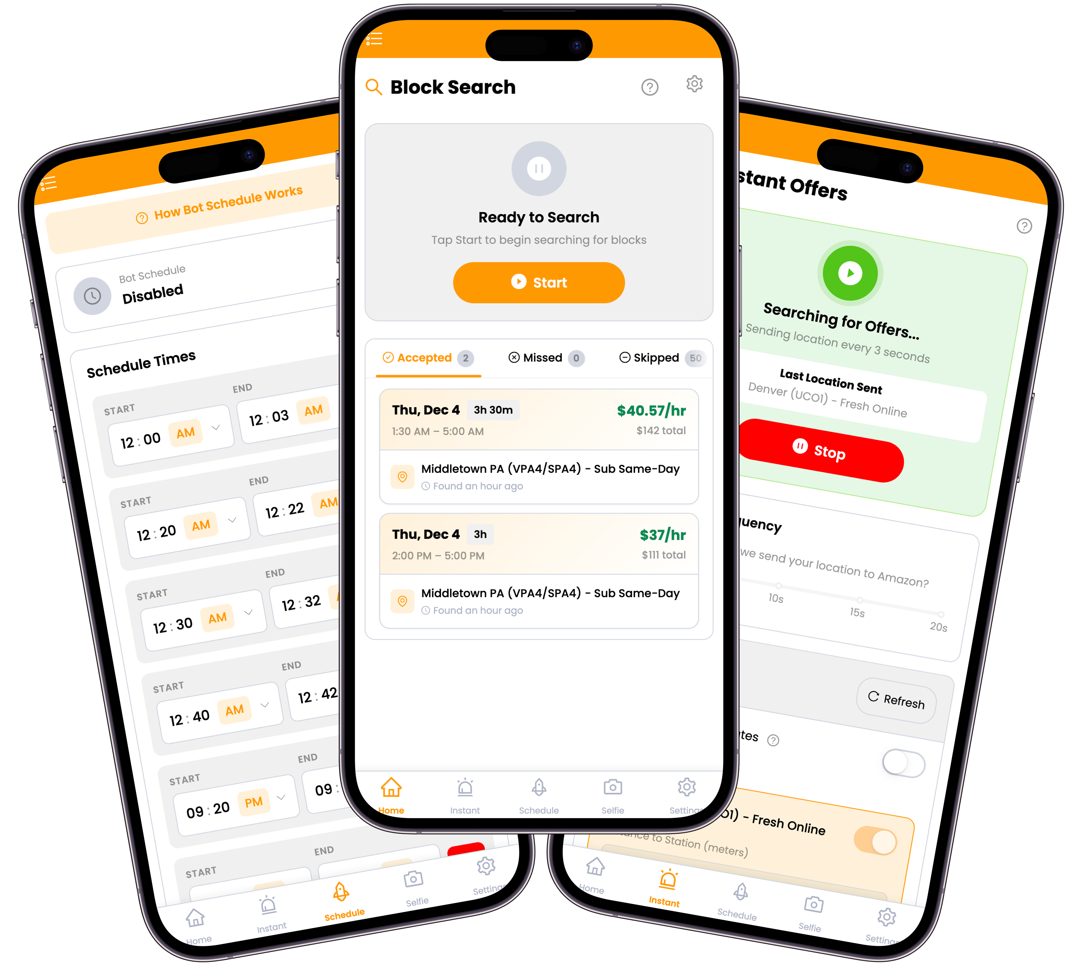 OnlyFlexer Amazon Flex automation dashboard showing automatic offer grabbing interface